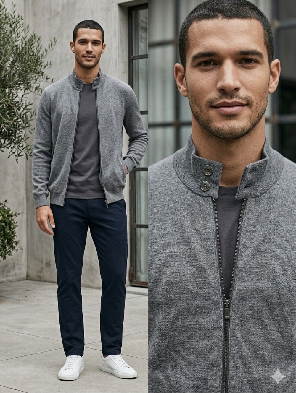 Massimo Dutti Grey Full Zip Cotton Sweater With Button Collar Men's Size Large